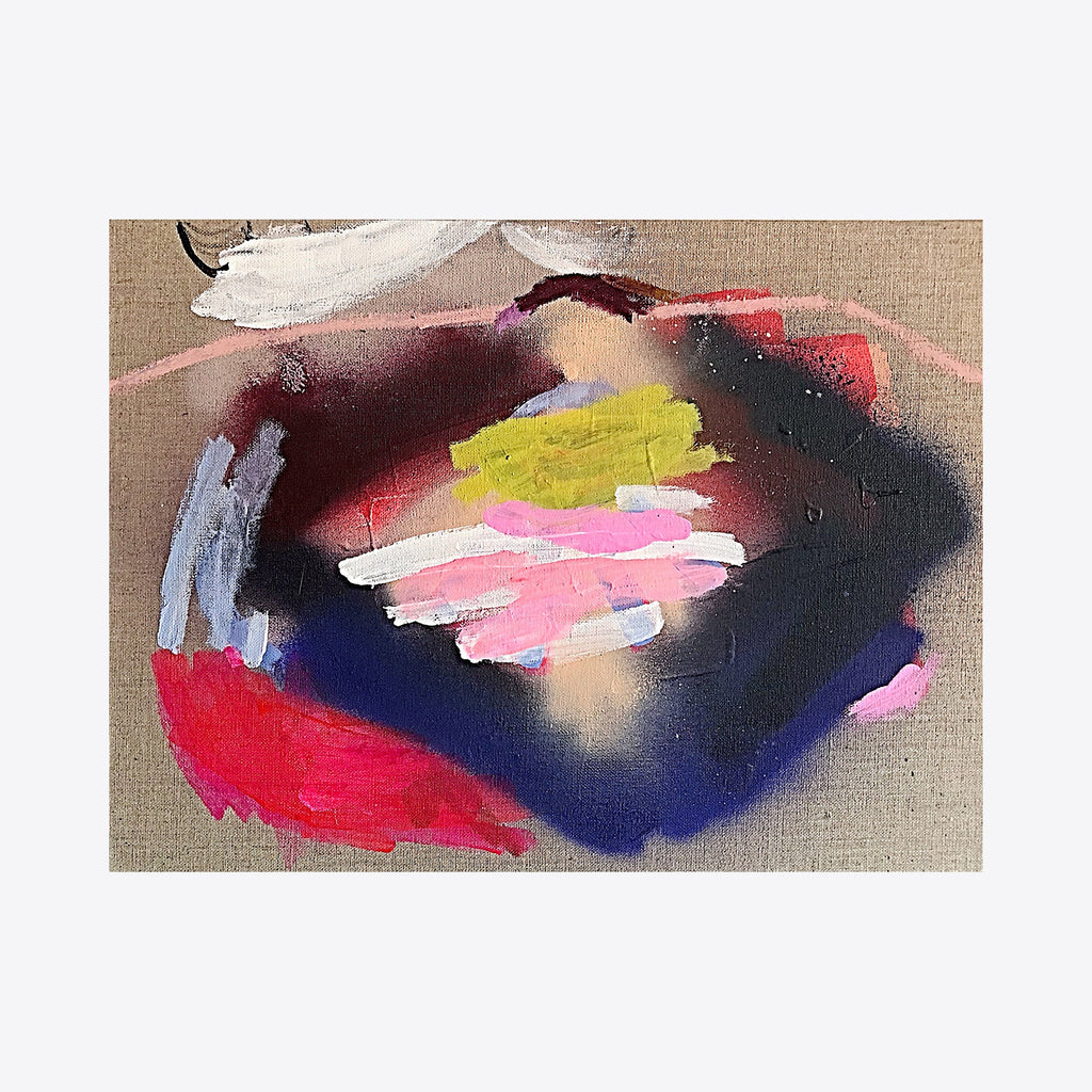 The artwork 'New Eye, Who 'Dis' by Lauren Packard features dynamic abstract brushstrokes in deep navy, vibrant red, and soft pink tones on natural linen. Bold gestural marks in acrylic, ink, and spray paint create a harmonious blend of textures, with yellow accents and pastel highlights adding depth and movement to the modern composition.