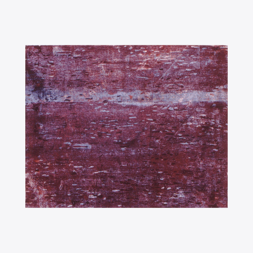 The artwork 'Purple Horizon' by Emna Zghal features a textured abstract landscape in deep burgundy and purple hues, created through woodcut printing technique. The composition shows horizontal bands of varying purple intensities with subtle blue undertones, creating a weathered, atmospheric effect. The textural elements resemble a distant twilight horizon rendered on paper mounted on canvas.