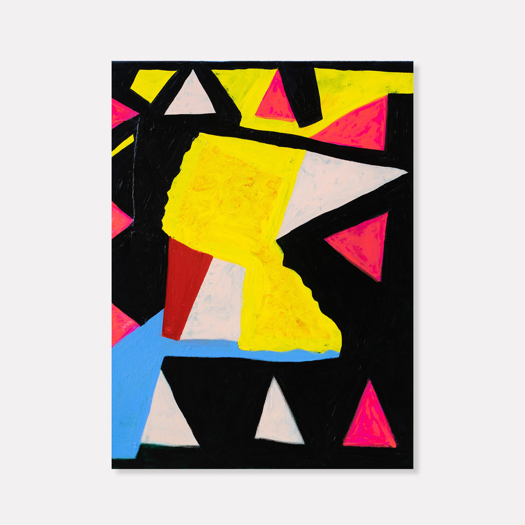 The artwork 'Street Smarts' by Gyan Shrosbree features bold geometric shapes on a black background, including vibrant yellow blocks, hot pink triangles, light blue angular forms, and white accents. The abstract composition creates a dynamic interplay of sharp edges and color contrasts, painted in acrylic on stretched linen canvas.
