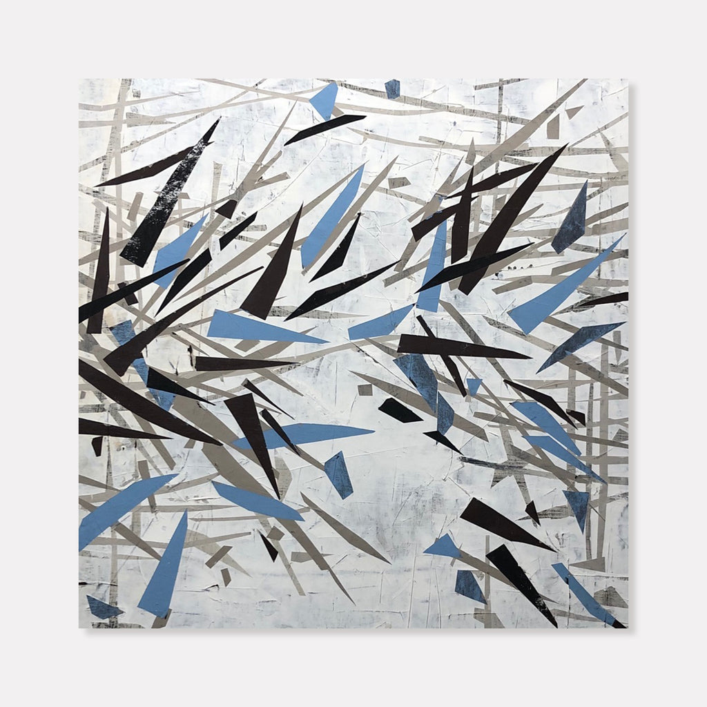 The artwork 'Icicles' by Shira Toren features dynamic angular shapes in black and powder blue scattered across a white and grey textured background. Abstract geometric forms create a sense of movement, resembling shattered ice or winter fragments. The 24x24 inch composition combines sharp edges with subtle layering, expressing a modern minimalist aesthetic.