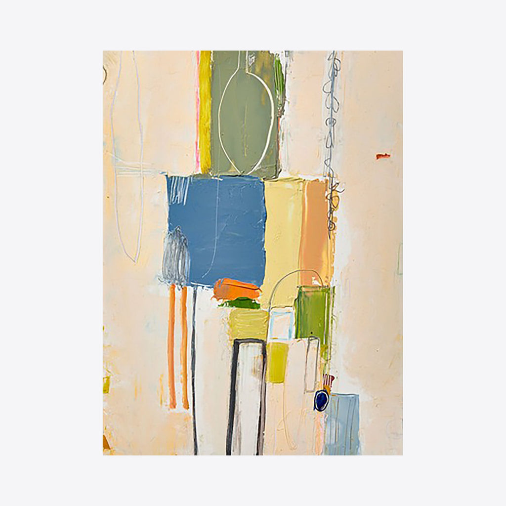 The artwork 'Study No. 70' by Janice La Motta features abstract geometric shapes in a modern composition, combining soft blues, muted greens, and warm orange tones against a cream background. Linear graphite elements intersect with blocks of oil color, creating a balanced vertical arrangement with subtle textural variations and delicate pencil marks in a natural wood frame.