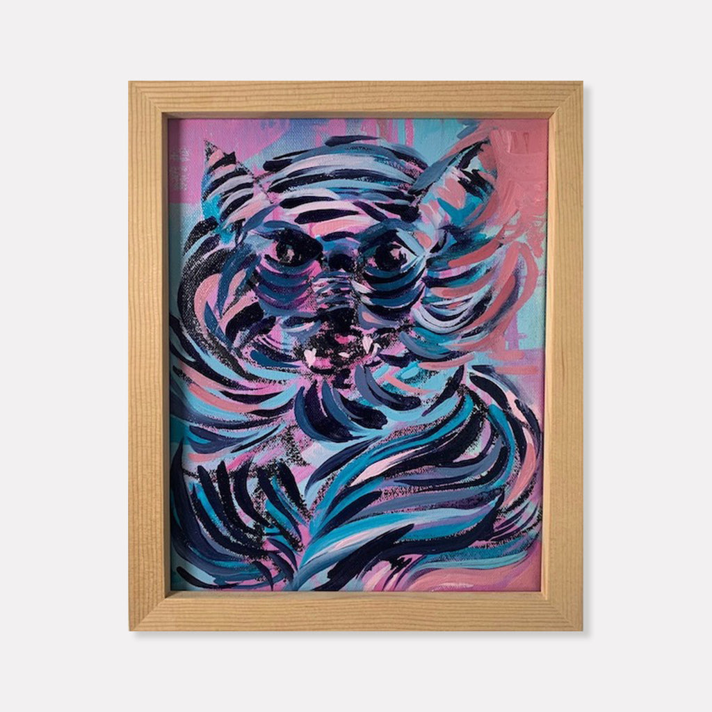 The artwork 'Repose' by Jane Lawrence features dynamic swirling brushstrokes in vibrant turquoise and pink tones against a coral background. Abstract expressionist style oil painting showcasing fluid, feather-like patterns creating a sense of movement and energy. Framed in natural wood, the 10x8 inch canvas demonstrates bold textural techniques and contrasting colors.