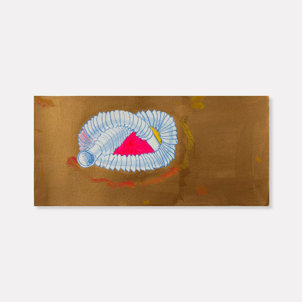 The artwork 'Pop Tube' by Songyi Kim features a whimsical accordion-like tube structure in light blue and white, coiled around a vibrant pink triangular shape on a warm brown background. The piece combines acrylic paint's bold strokes with delicate colored pencil details, creating a playful contrast of textures and dimensions on paper.