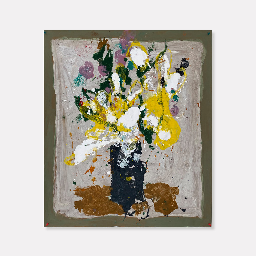 The artwork 'Still Life 2' by James Greco features an abstract floral composition with vibrant yellow blooms and white splashes emerging from a dark navy vase. Set against a muted gray background with earthy brown accents, the piece demonstrates energetic brushstrokes and expressive paint application in acrylic and tempera, creating a dynamic modern interpretation of a traditional still life.