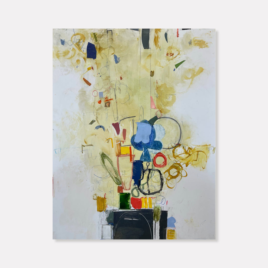 The artwork 'Pandora's Box' by Janice La Motta features an abstract composition with scattered geometric shapes in vibrant primary colors against a soft cream background. Bold strokes of blue, yellow, and red elements float upward from a dark base, creating a dynamic vertical movement. Mixed media technique combines fluid oil paint with textural oil pastel and precise graphite lines on Yupo paper. - Janice La Motta