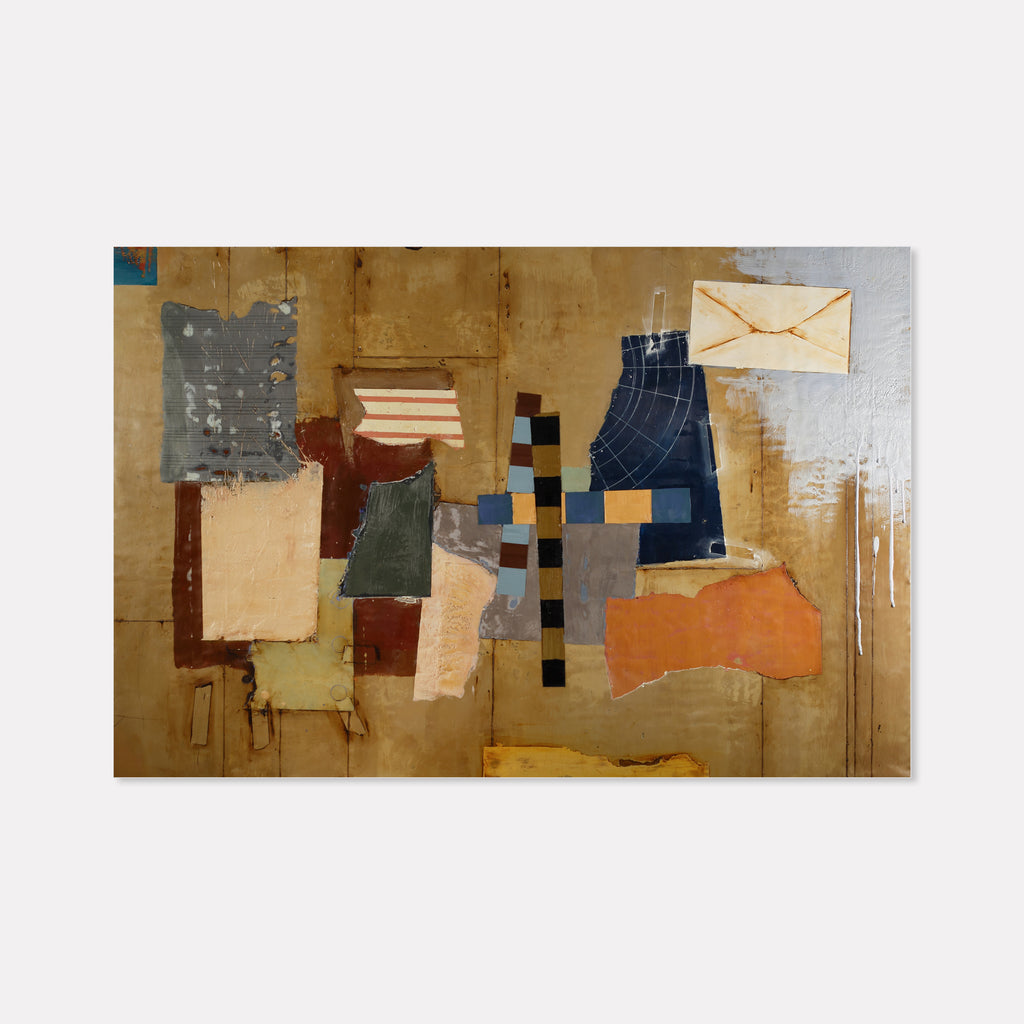 The artwork 'Remainder of Days' by Karen Nielsen-Fried features an abstract collage composition on a warm golden background. Geometric shapes in denim blue, rustic orange, and muted grays create a fragmented landscape. A central cross-like pattern of blue and gold squares intersects torn paper elements and textured surfaces, executed in encaustic and oil on wood panel, measuring 24x36 inches.