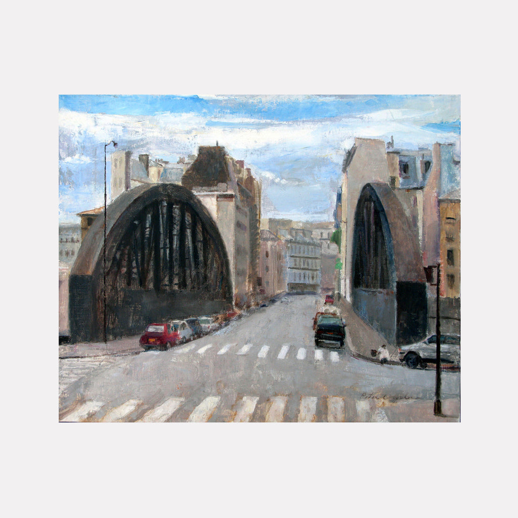 The artwork 'Rue Aqueduc' by Peter Colquhoun depicts an urban street scene with two dramatic arched bridges spanning across the road. Oil on linen captures the soft blue sky, industrial architecture, and city buildings in muted tones. Parked cars line the street, with distinctive crosswalk stripes in the foreground, creating a realistic Montreal cityscape.