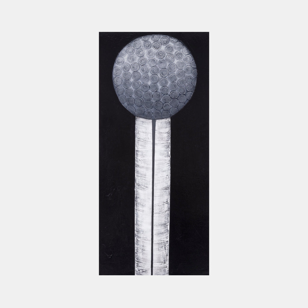 The artwork 'Certain Dark Things #65' by Sarah Dineen features a minimalist composition with a large circular form atop two vertical parallel lines against a deep black background. The sphere exhibits intricate spiral patterns in silvery grey tones, while the columns display textured brushwork in white acrylic on canvas, creating a striking monochromatic contrast.