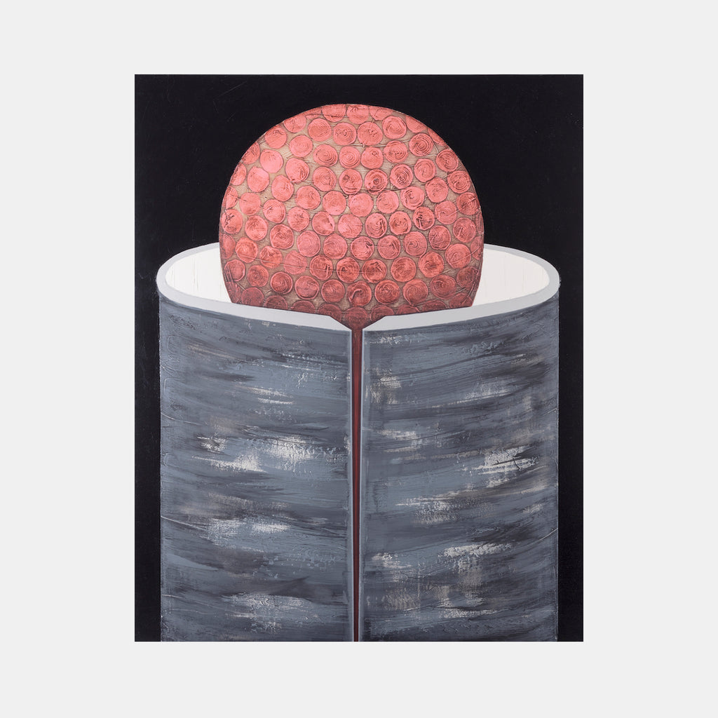 The artwork 'Certain Dark Things #66' by Sarah Dineen features a striking coral-pink spherical form covered in intricate circular patterns, perched atop a cylindrical gray pedestal. The textured sphere appears to emerge from the sleek, brushed metallic-looking column against a deep black background. Acrylic on canvas, 60x48 inches by Sarah Dineen.