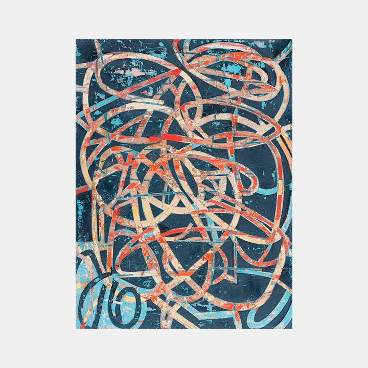 The artwork 'Sedona' by Mary Didoardo features dynamic interweaving lines in coral and salmon hues against a deep teal background. Abstract expressionist brushstrokes create a rhythmic pattern of curved forms, suggesting movement and energy. The oil on wood painting showcases a textured surface with weathered, vintage-like qualities in its 24x18 inch composition.