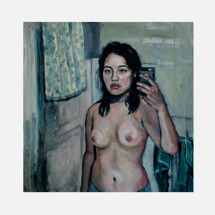 The artwork 'Shower Ritual' depicts a bathroom self-portrait scene with muted teal and gray tones. A figure is shown taking a mirror photo, conveying intimate, contemplative moments. The oil painting features expressive brushstrokes and a moody atmosphere with floral curtain details. Oil on canvas by Amanda Ba.