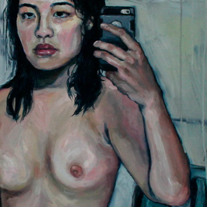 The artwork 'Shower Ritual' features a figure capturing a self-portrait in a bathroom setting. The painting showcases expressive brushwork in oil, with a muted palette of blues, pinks, and flesh tones. The composition emphasizes intimate personal moments through bold strokes and atmospheric lighting. By Amanda Ba.
