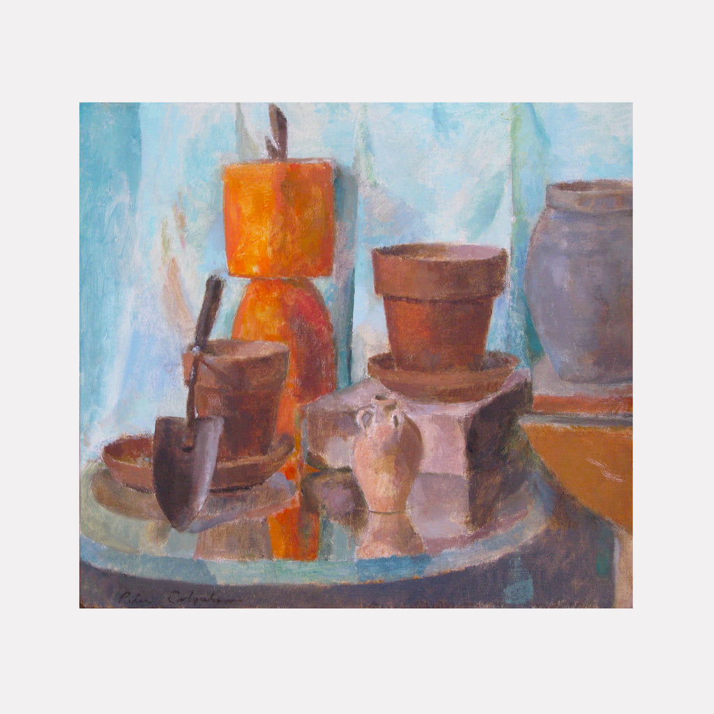 The artwork 'Still Life with Plant Pots' by Peter Colquhoun features a collection of terracotta and ceramic containers arranged on a circular surface against a soft blue background. A striking orange pot commands attention amid earthy brown vessels, while a small gardening trowel rests among the composition, creating a harmonious blend of warm tones and textures in this oil painting.