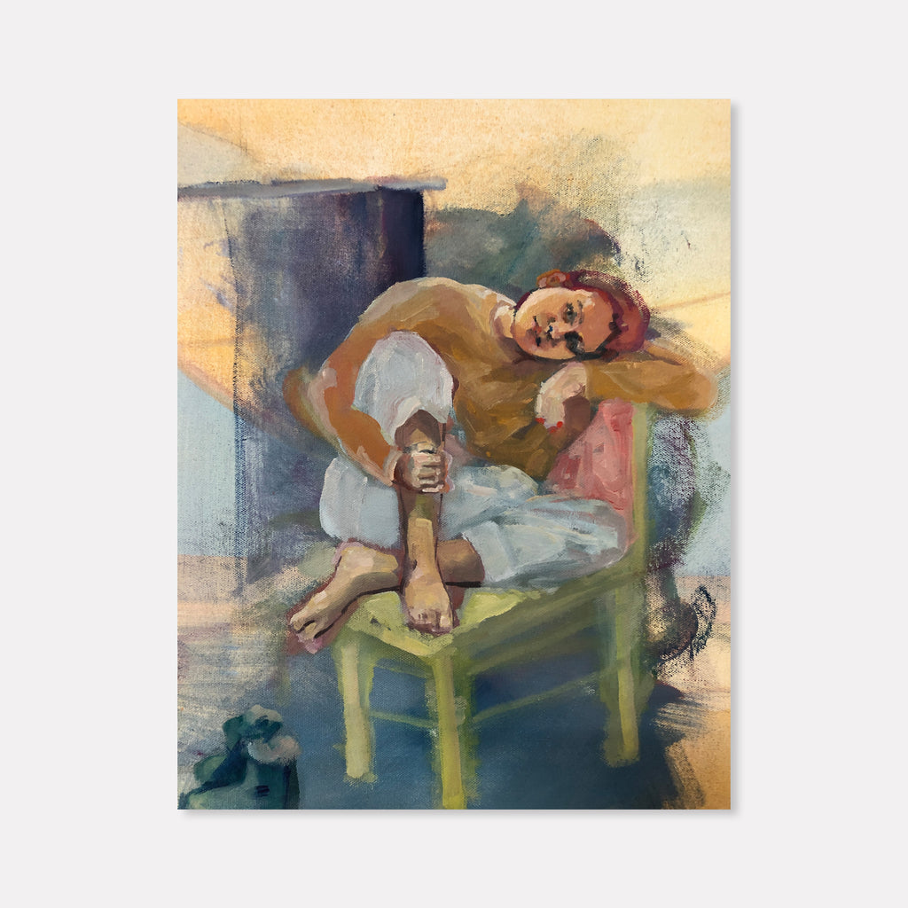 The artwork 'Studio Study' features a reclining figure on a green chair against a soft, impressionistic background of golden yellow and muted blues. The oil and Guerra painting combines loose brushstrokes with subtle color transitions, creating a contemplative atmosphere. The composition showcases expressive painting techniques and a masterful play of light and shadow. By Hanna Brody.