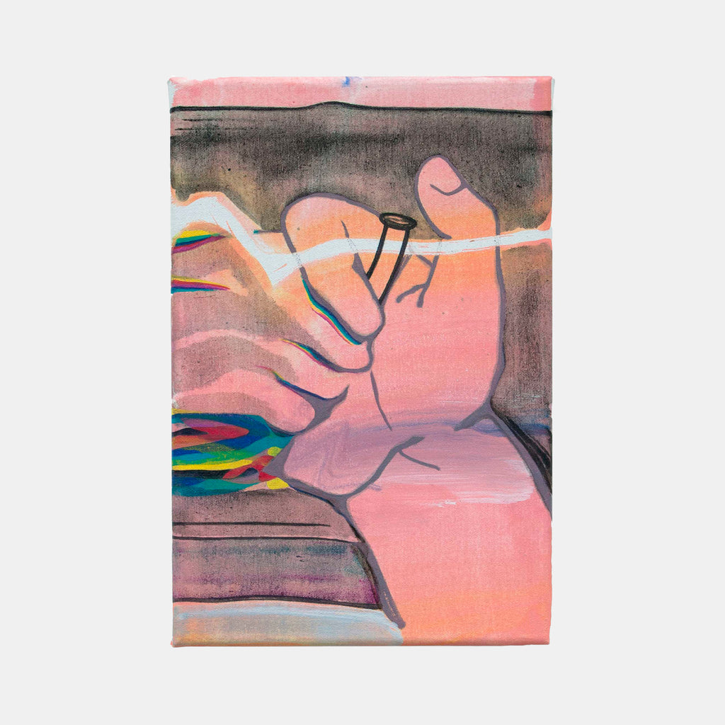 The artwork 'Suicide Prism' by Christian Perdix features an abstract composition with flowing organic shapes in soft pink and coral tones against a muted gray background. Rainbow-colored accents create dynamic movement across the canvas. The oil and acrylic painting on cotton canvas showcases fluid brushstrokes and contemporary urban artistic style.