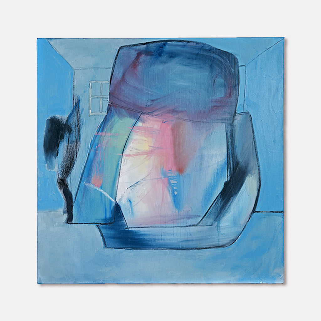 The artwork 'The Shadow Knows' by Gail Winbury features abstract geometric shapes in soft blues and pinks against a serene light blue background. Bold charcoal lines create angular forms, while translucent oil paint layers reveal subtle color transitions. The central form suggests a vessel or container with shadowy elements, rendered in a contemporary expressionist style using oil and charcoal on canvas.