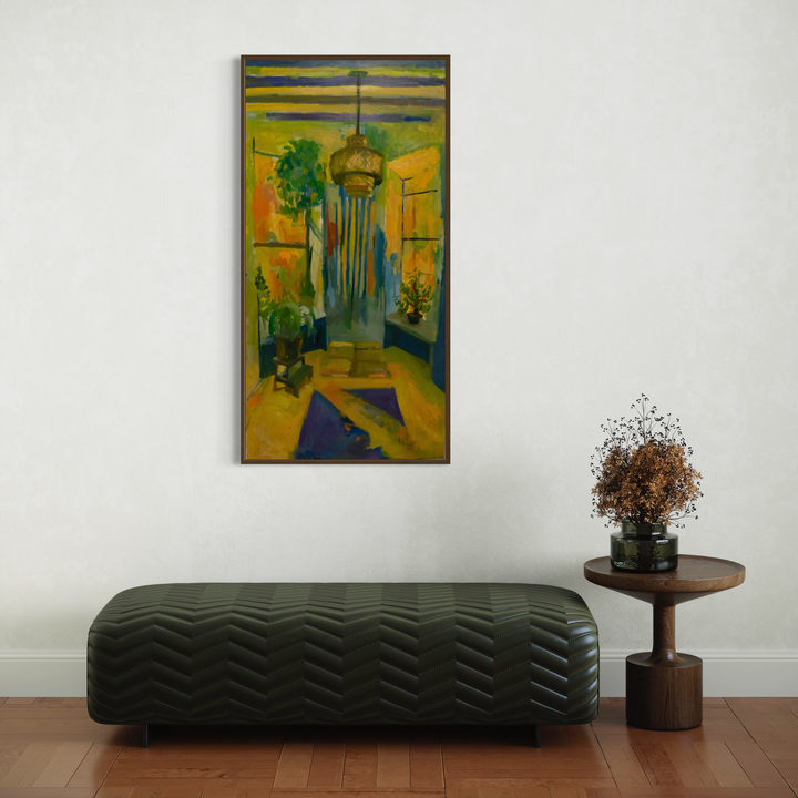 A photo of the artwork Golden Dawn, by Darren Singer, hanging on a wall.