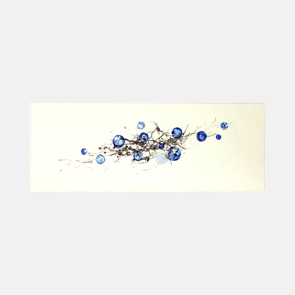 The artwork 'Milky Way (Blue)' by Sonomi Kobayashi features a delicate horizontal composition of vibrant blue circular forms scattered across a cream background, connected by dynamic brown brushstrokes resembling branches or cosmic matter, creating an ethereal celestial landscape through lithographic printing technique, measuring 11 x 30 inches.