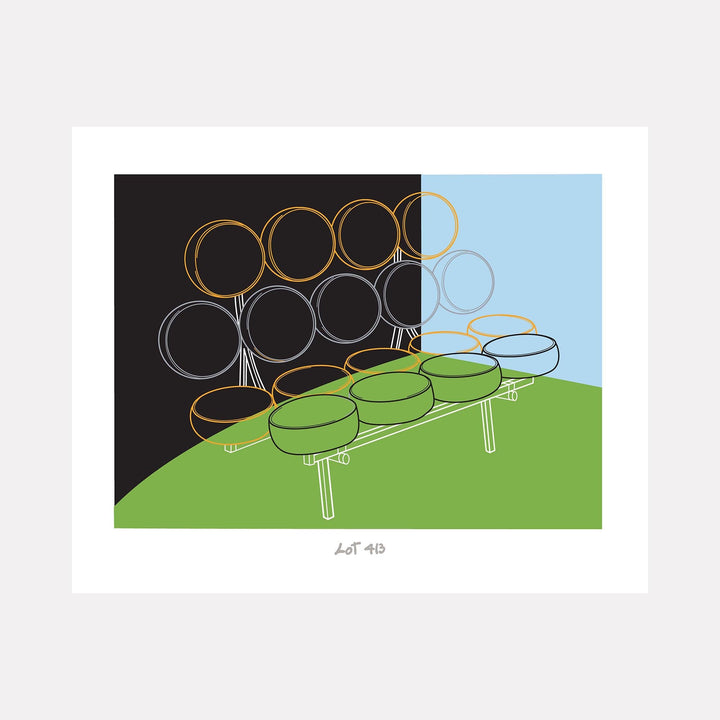 The artwork AUCTION RETRO 3 - LOT 413  MARSHMALLOW - GICLEE  BLACK/BLUE/GREEN, by Lauder Bowden