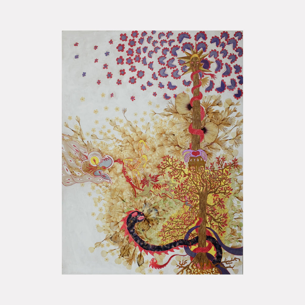 The artwork 'Defloree History #1B Childhood' by Valerie Hallier features an abstract composition with a golden tree-like structure adorned with scattered pink and purple floral elements. A sinuous dark ribbon-like form winds through the composition, accented with red highlights against a white background, creating a dreamlike botanical illustration using flower petals and mixed media on wood panel.