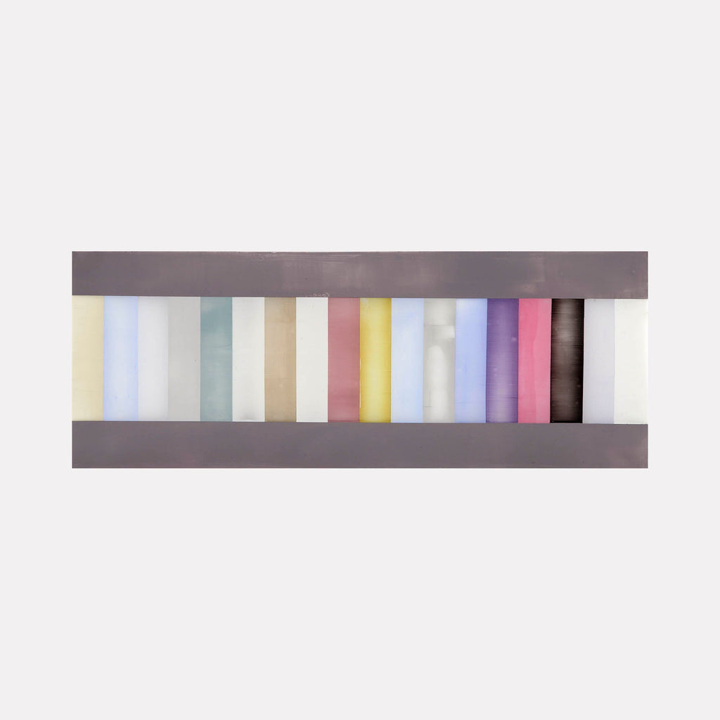 The artwork 'Each of the colors of winter cocooned by all of the colors of winter' by Debra Ramsay features vertical stripes in muted pastel hues including soft yellows, blues, mint greens, beiges, and pinks, framed by dark gray horizontal bands. The acrylic on polyester resin film creates a subtle sheen across the minimalist composition.
