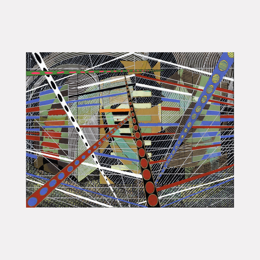 The artwork 'Electromagnetic Power Station' by Amy Cheng features dynamic intersecting lines and geometric patterns rendered in gouache and oil marker. White curved lines create a web-like structure across the composition, while bold red circles form diagonal paths. Abstract shapes in muted greens, blues, and earth tones layer beneath crisp white strokes, suggesting industrial energy and mechanical movement.