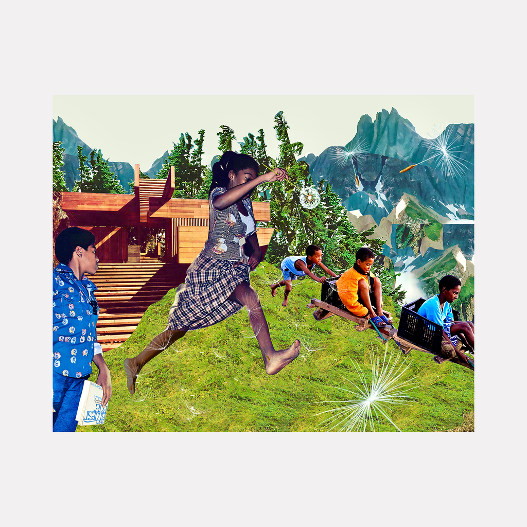 The artwork 'Free' by Katasi Kulubya features a vibrant digital collage depicting figures in dynamic motion against a dramatic mountain landscape. The scene combines wooden architectural elements, lush green grass, and majestic blue peaks. The composition includes bright lens flares, evergreen trees, and a wooden staircase structure, creating a surreal, energetic atmosphere. 16x20 inches digital collage print by Katasi Kulubya.