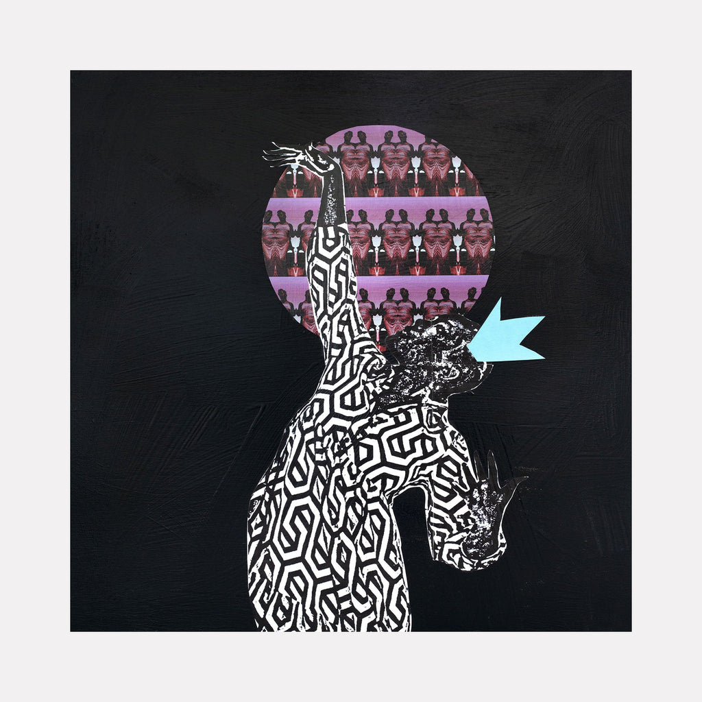 The artwork 'Gazelle Moves' by Courtney Minor features a striking collage silhouette with intricate black and white geometric patterns against a dark background. A circular element with alternating purple and burgundy stripes forms a halo-like shape, while a light blue geometric accent adds contrast. The piece combines modern pattern work with mixed media techniques on canvas.