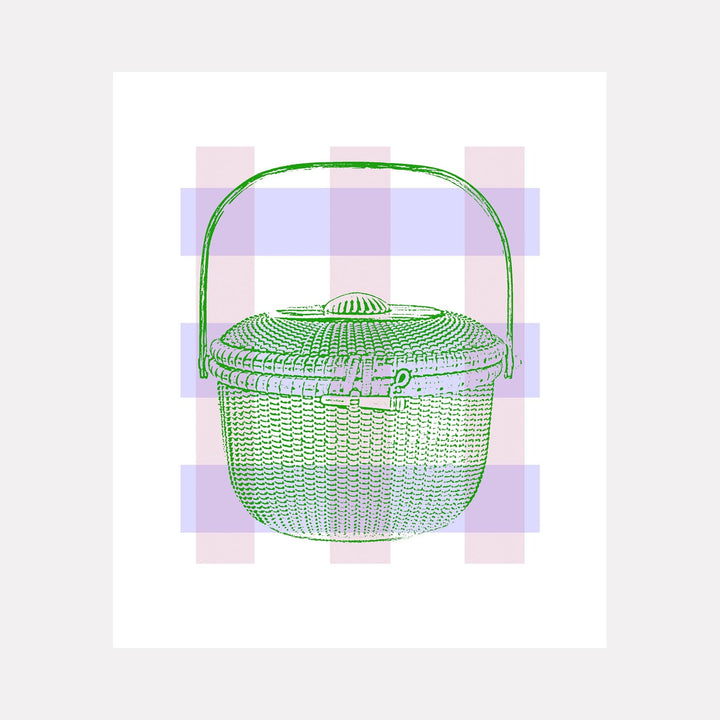 Lightship Series 1 - Patsy's Basket Green by Lauder Bowden features a detailed illustration of a traditional woven basket in vibrant green against a soft plaid background. The giclee print showcases intricate weaving patterns, a domed lid, and curved handle, all rendered in delicate line work on archival paper. The design combines vintage charm with contemporary color treatment.