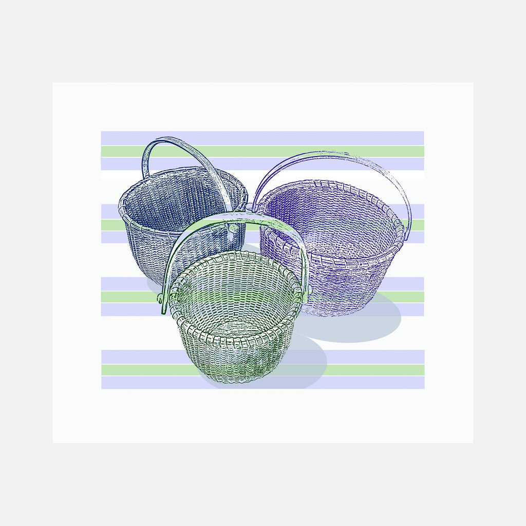 The artwork 'Lightship Series 1 - 3 Baskets Blue/Green Giclee' by Lauder Bowden features three woven baskets with handles against a striped pastel background. The baskets are rendered in varying shades of blue and green, showcasing intricate wicker textures and traditional basket weaving patterns. Fine art giclee print on archival paper.