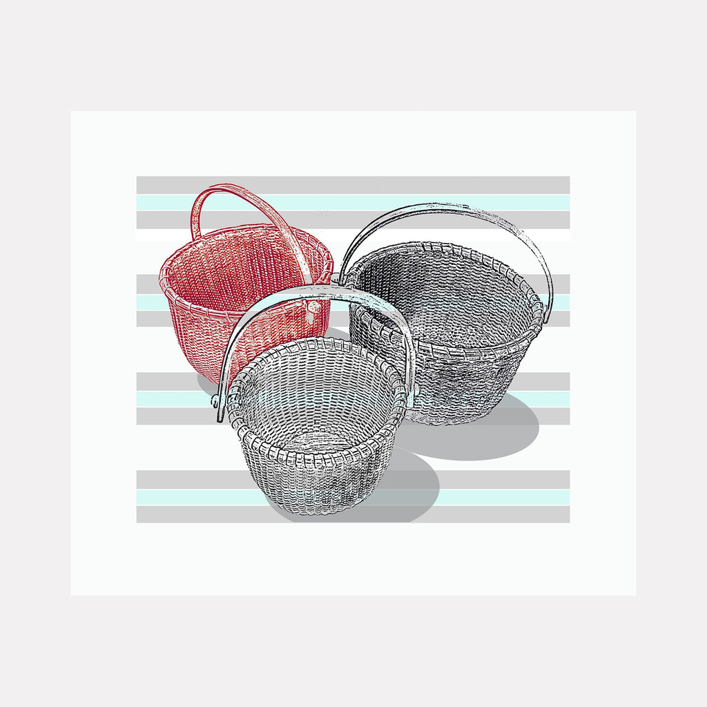 Lightship Series 1 - 3 Baskets by Lauder Bowden features three woven baskets with curved handles against striped background. One basket in vibrant red, two in grayscale tones, rendered in detailed sketch-like style. GICLEE print on archival paper showcases intricate wicker textures and forms.