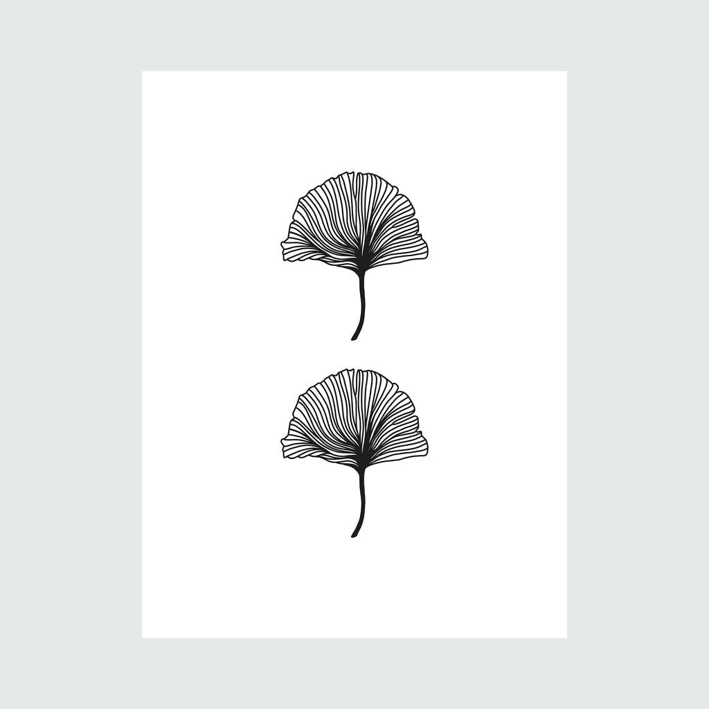 Leaf Set Linear Drawing by Alina Glotova features two identical minimalist black ginkgo leaf illustrations arranged vertically on white background. Each leaf displays intricate fan-shaped linear patterns with delicate parallel lines radiating from the stem, creating a sophisticated botanical line art design. 40x30 inches unframed print.
