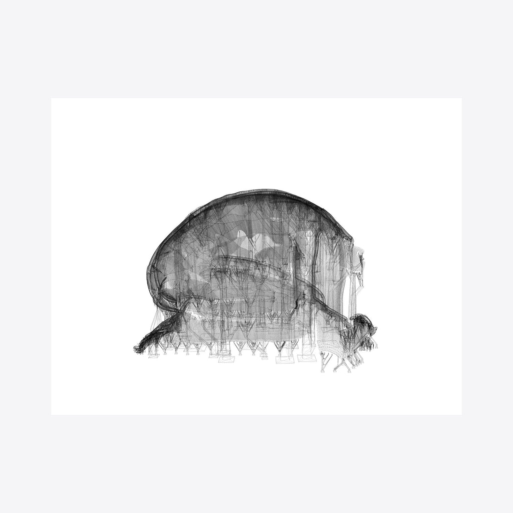 Machines For Suffering VI Blueprint III by Sophie Kahn features a monochromatic architectural blueprint-style composition rendered in grayscale. The abstract form suggests a dome-like structure with layered, translucent elements creating depth and texture. Delicate linework and watercolor techniques blend to create a ghostly, ethereal quality in this framed archival print by Sophie Kahn