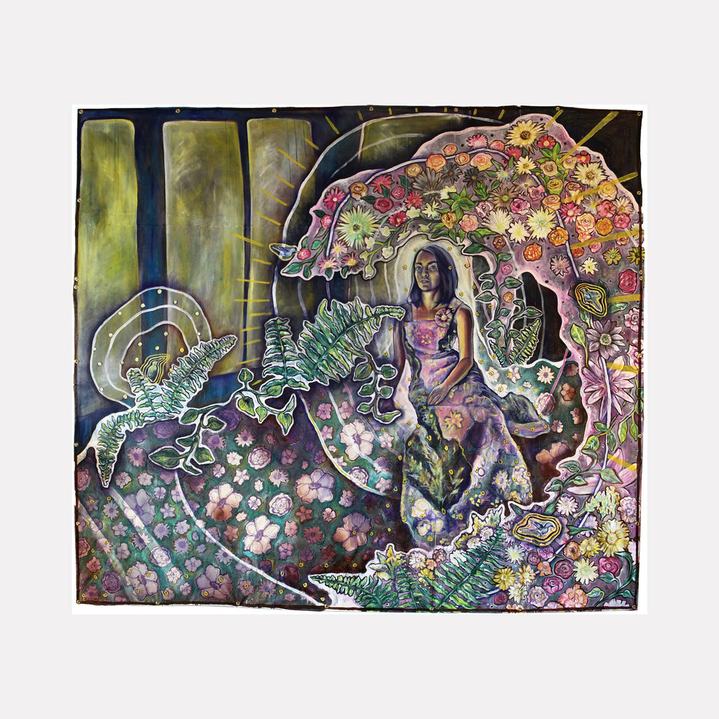 The artwork 'My Trees Were Once Bare But Are Now Full of Flowers' depicts a whimsical garden scene with vibrant floral patterns, swirling botanical motifs in pink, yellow, and green hues. A figure sits amidst lush foliage and blooming flowers, surrounded by intricate screen-printed details and hand-sewn elements on muslin canvas. Artwork by Laurie Shapiro.