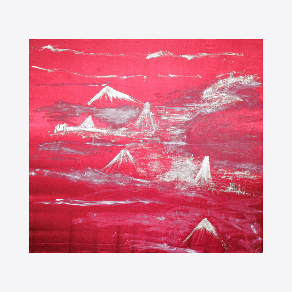 The artwork 'Once Was No Longer' by Ali Ha features ethereal white mountain peaks emerging from a vibrant crimson landscape. Created with repurposed silk fabric and acrylic paint, the composition shows multiple snow-capped summits set against a dramatic red sky, suggesting a dreamlike mountainous terrain with misty, abstract cloud formations. By Ali Ha.