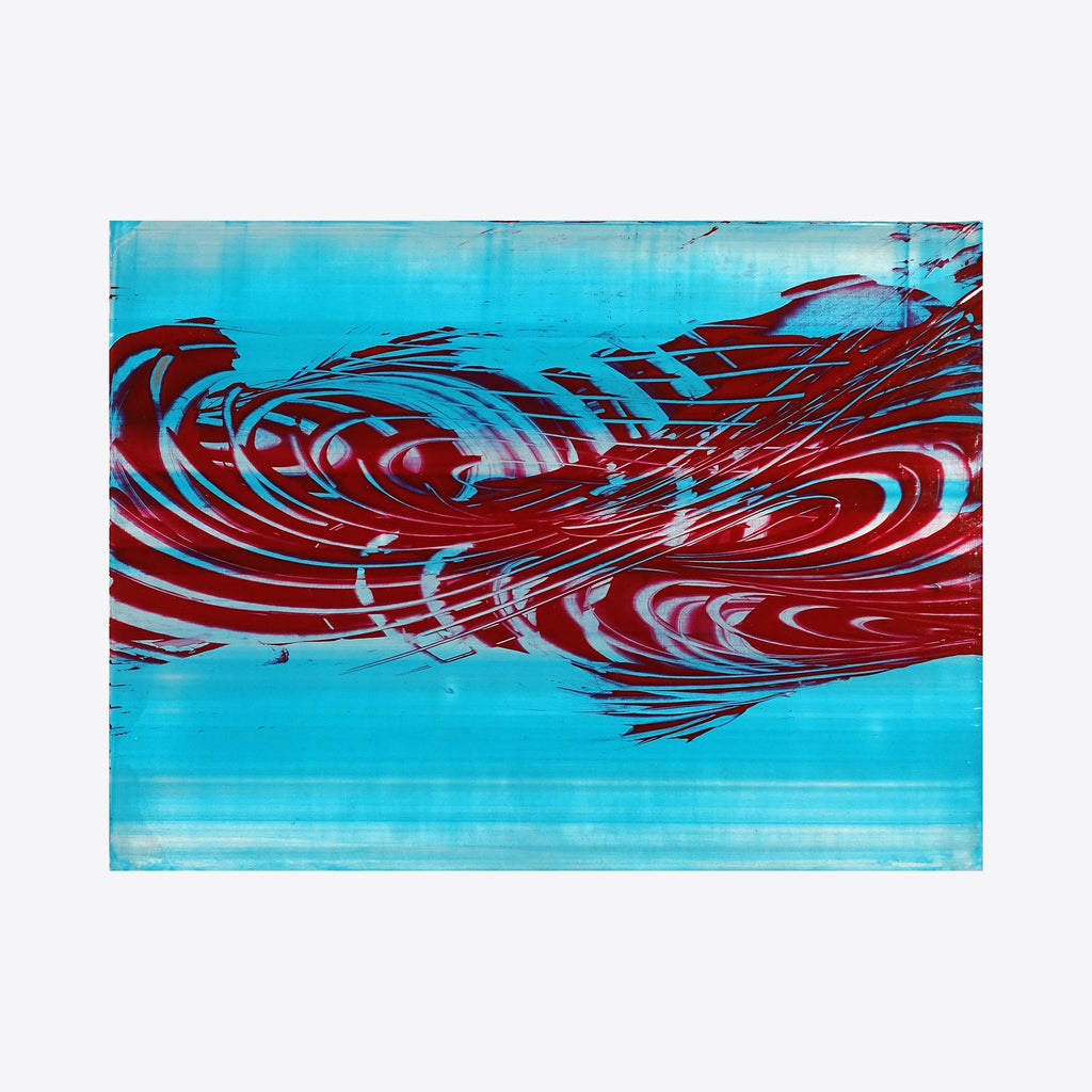 The artwork 'Pills for Breakfast 05' by John Cox features dynamic swirling patterns in bold crimson red against a vibrant turquoise background. The abstract composition showcases fluid, organic brushstrokes creating a sense of movement and energy across the 12x16 inch acrylic canvas, reminiscent of flowing water or wind patterns.