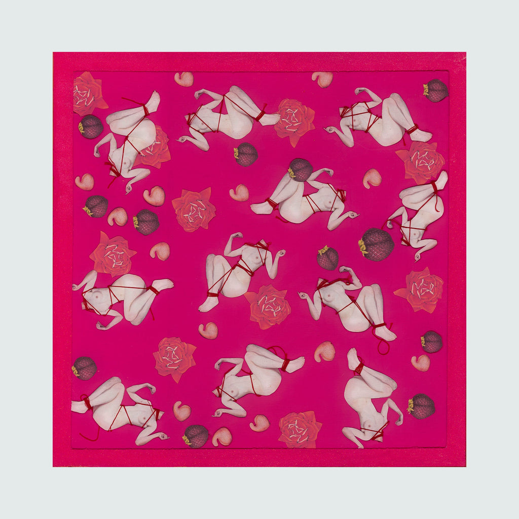 The artwork 'Ruby Red' by Chelsea Amato features a vibrant mixed media collage with repeating patterns of white abstract figures, stylized roses, and small hearts scattered across a rich magenta background. The 30x30 inch composition combines delicate white paper cutouts with burgundy accents, creating a dynamic and rhythmic design that balances organic and geometric elements. - Chelsea Amato