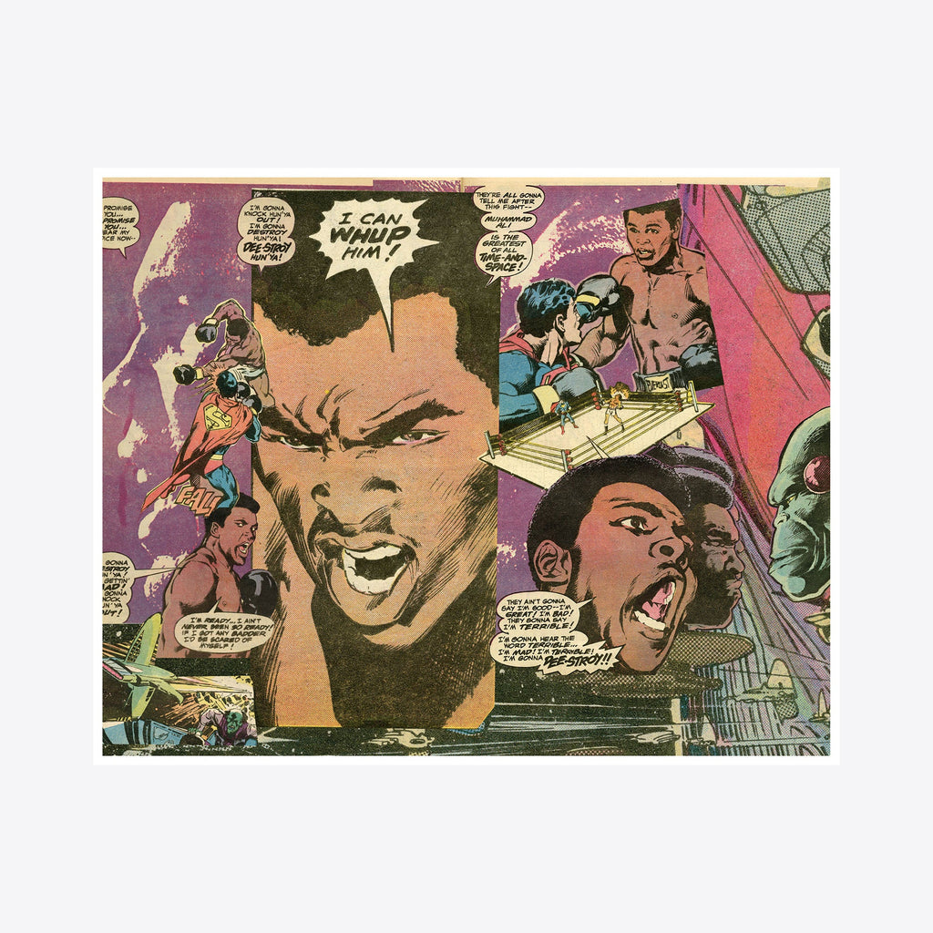 Superman vs Ali 1 by Travis Witmer features a dynamic comic book style collage with multiple panels showing figures in intense expressions against a purple background. The artwork combines bold illustrations in vibrant colors depicting an action sequence in classic comic book format, rendered as a digital print capturing the iconic crossover between pop culture legends.