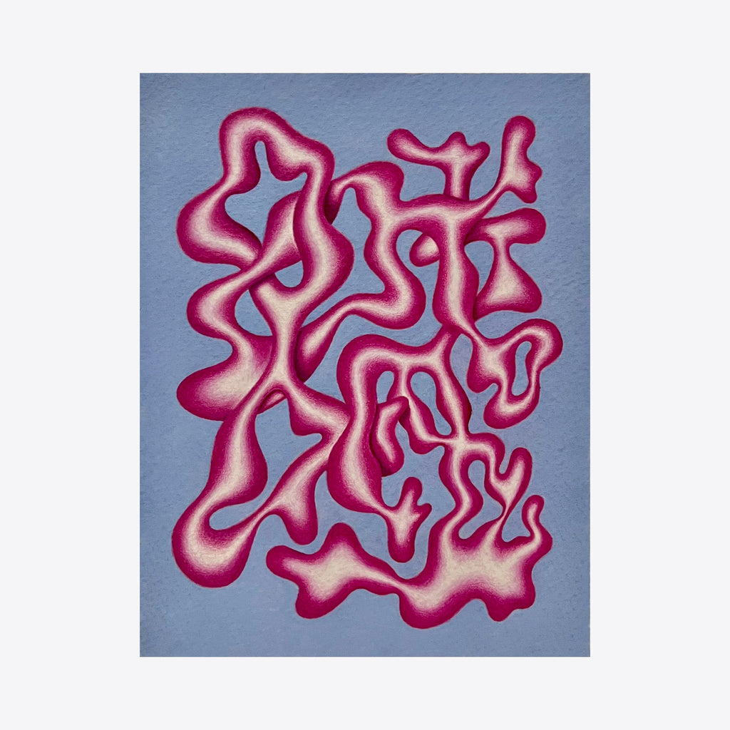 The artwork 'Swizzle' by Joe Piscopia features abstract flowing forms in vibrant magenta and pink hues against a soft blue background. The organic shapes intertwine and swirl across the composition, creating a dynamic pattern reminiscent of liquid movement. Created with gouache and colored pencil on watercolor paper, the piece showcases smooth gradients and fluid lines.