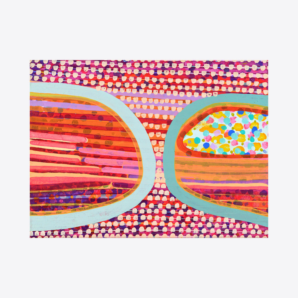 The artwork 'space, in my heart' by Taylor Binda features vibrant retro-style sunglasses painted in whimsical dotted patterns. The lenses showcase contrasting designs - one with horizontal stripes in orange and pink, the other filled with multicolored polka dots, both framed in mint green. The background displays a rhythmic pattern of pink and white dots, creating a playful, pop art aesthetic in acrylic on canvas.