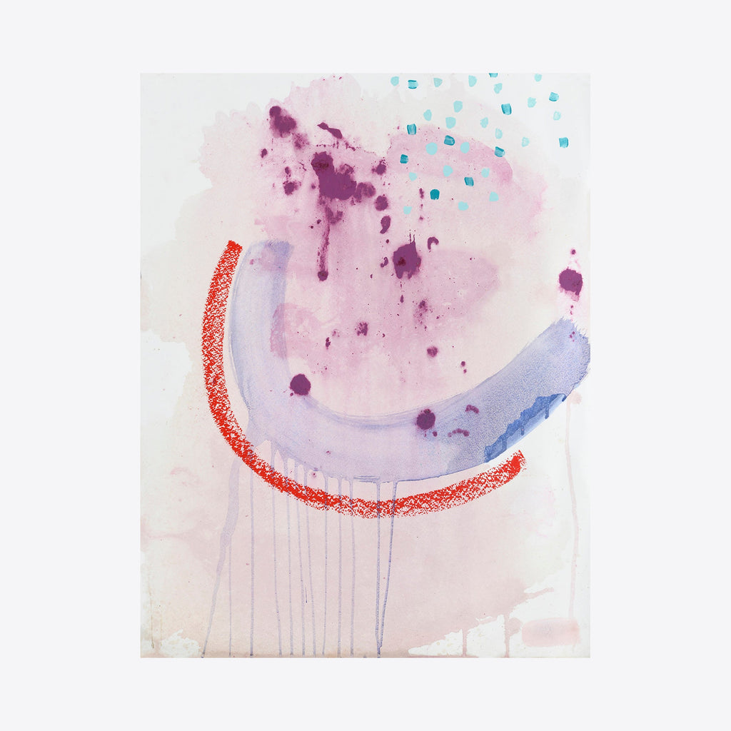 The artwork 'The Twins, No.1' by Taylor Binda features an abstract composition with a curved red line intersecting soft purple watercolor washes and blue accents. Delicate turquoise dots scatter across the top, while violet splatters create organic movement. Mixed media on watercolor paper combines acrylic, coffee and oil pastel textures.