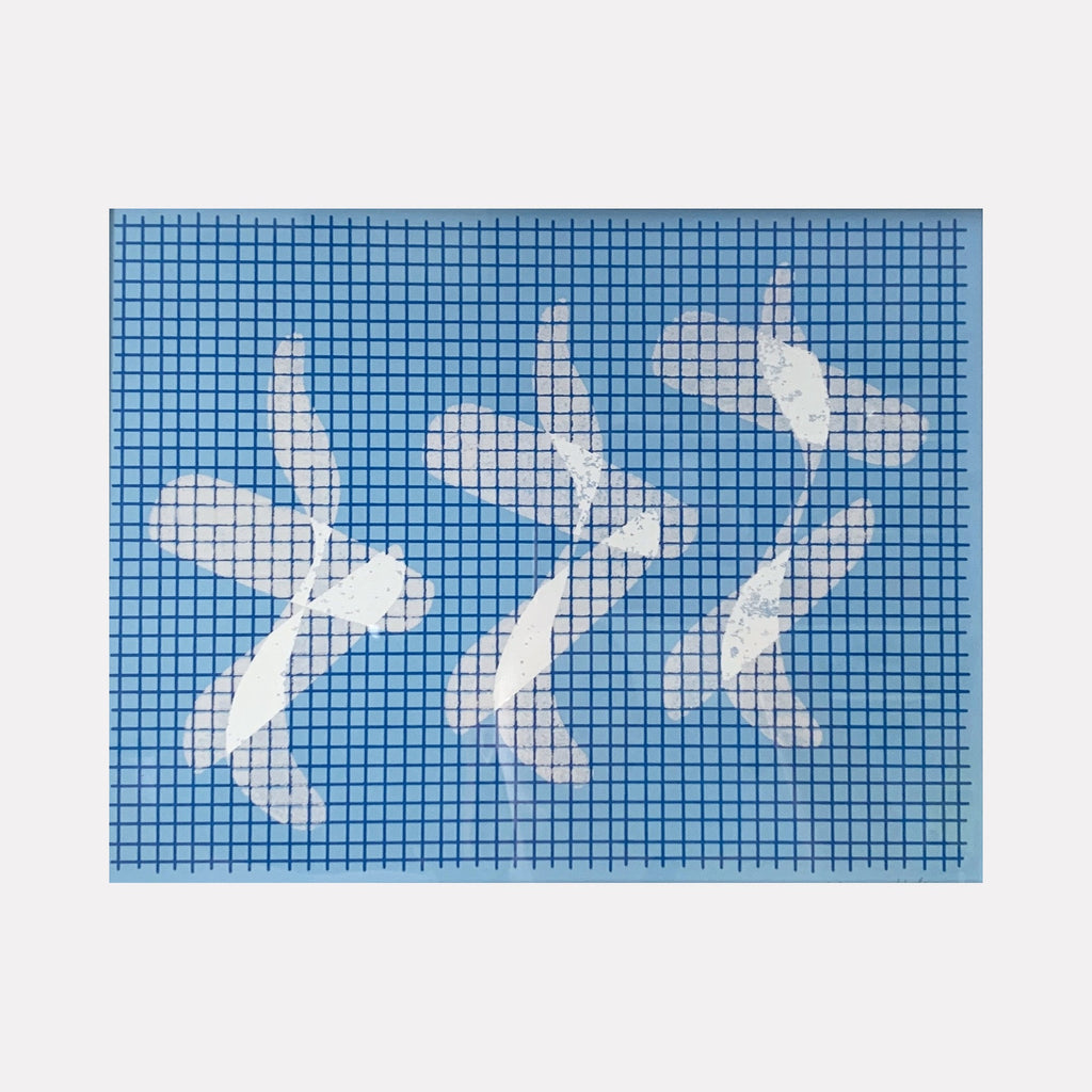 The artwork 'Time Isn't Real' by Morgan Hale features abstract white and gray organic shapes floating across a gridded blue background. The composition appears through a mesh-like pattern, creating a sense of depth and movement. Ink and investment plaster on paper create textural contrast against the geometric grid structure.