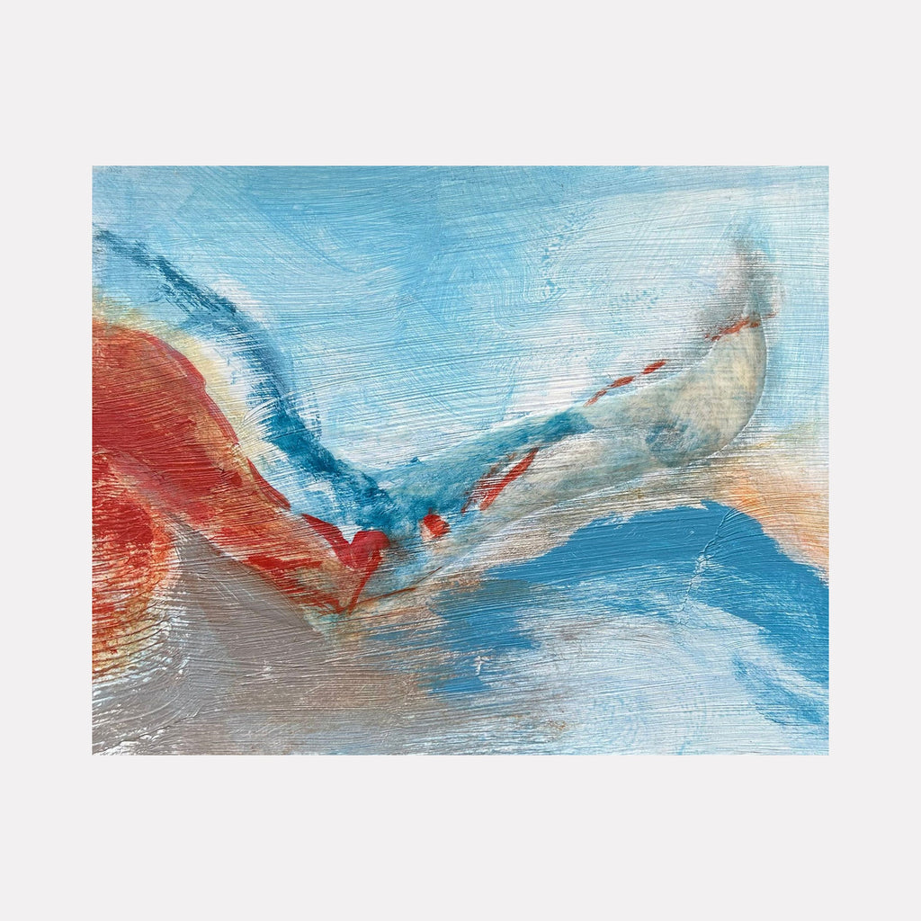 The artwork 'Sea Wall 25' by Beth Barry features dynamic brushstrokes in vibrant coral red and ocean blues, creating an abstract coastal landscape. Bold textural sweeps of paint suggest crashing waves and sea spray, with ethereal silver-grey undertones adding depth. The 8x10 acrylic painting on panel captures the raw energy of water meeting shore.