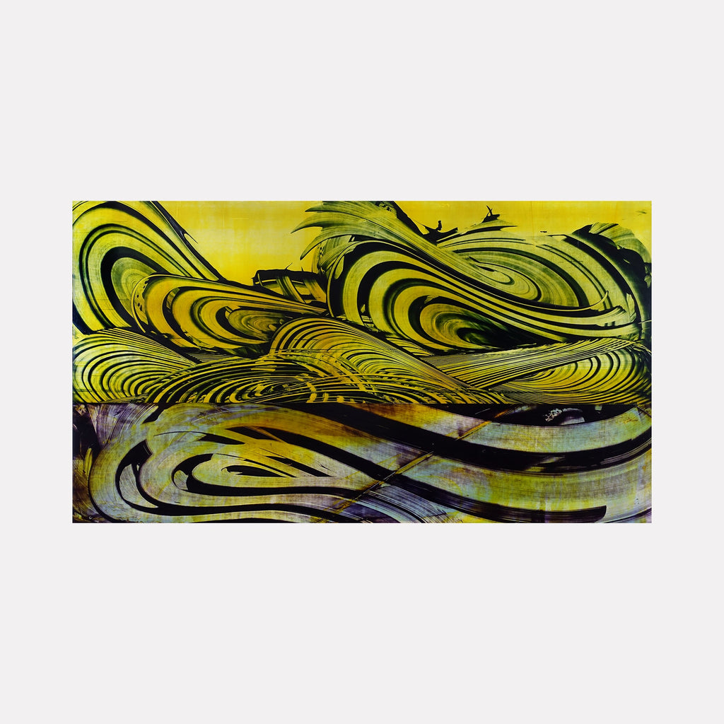 The artwork 'Suffering with Ghosts' by John Cox features dynamic swirling patterns in vibrant yellows and deep blacks, creating abstract waves reminiscent of turbulent energy. Bold brushstrokes in acrylic paint form fluid, spiral movements across the canvas, suggesting emotional depth through contrasting colors and organic flowing forms. 32x57 inches acrylic painting on canvas.