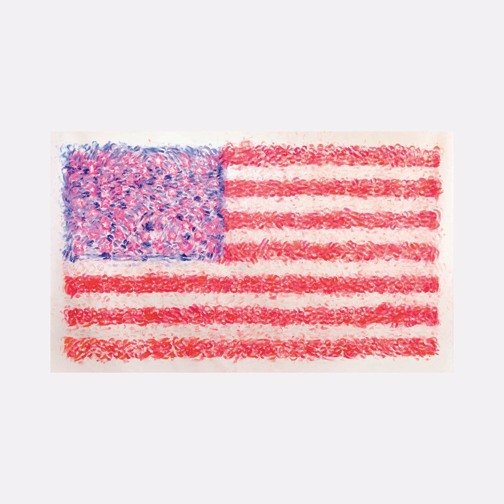 The artwork 'I Love America' by Ronit Levin Delgado features an impressionistic rendition of the American flag, with textured brushstrokes creating a dreamy, watercolor-like effect. The flag shows a blue field with stars in the upper left corner and red horizontal stripes against a soft white background, painted in a loose, artistic style that captures patriotic sentiment through gentle color transitions.