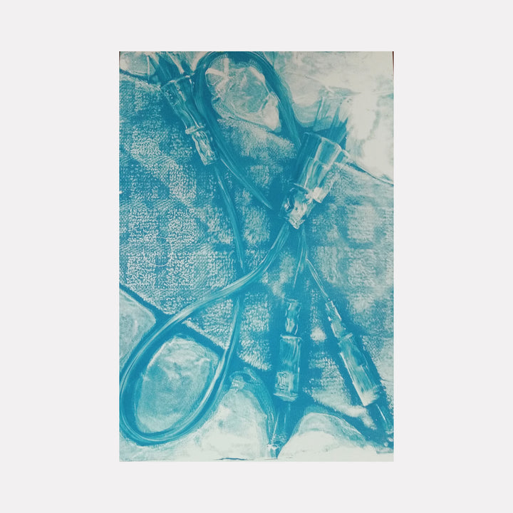 The artwork 'Motion Blurs' by Johanna Ryan features abstract aerial lines in vibrant turquoise blue against a white background, capturing fluid, winding paths and intersections in a gelatin print. The 10x7 inch composition creates a dynamic, map-like aesthetic with textured elements and varying opacities that suggest movement and urban landscapes.