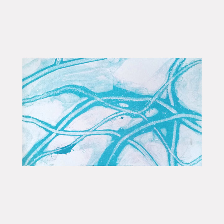 The artwork 'Shear Stress' by Johanna Ryan features fluid turquoise lines weaving across a white background in an abstract pattern, creating a sense of flowing movement and dynamic tension. The gelatin print technique adds a subtle textural depth to the aqua-colored curves that intersect and overlap gracefully on the paper surface.