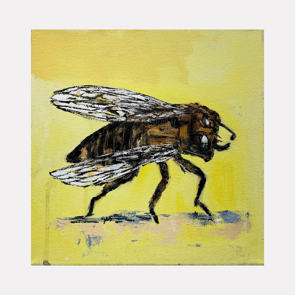 The artwork 'Prehistoric Cicada' by Andrew Chan features a bold, expressionistic rendering of a cicada against a luminous yellow background. The insect is depicted in dark browns and blacks with textured, layered brushstrokes defining its wings and body, creating a dramatic contrast on the 12x12 inch acrylic canvas.