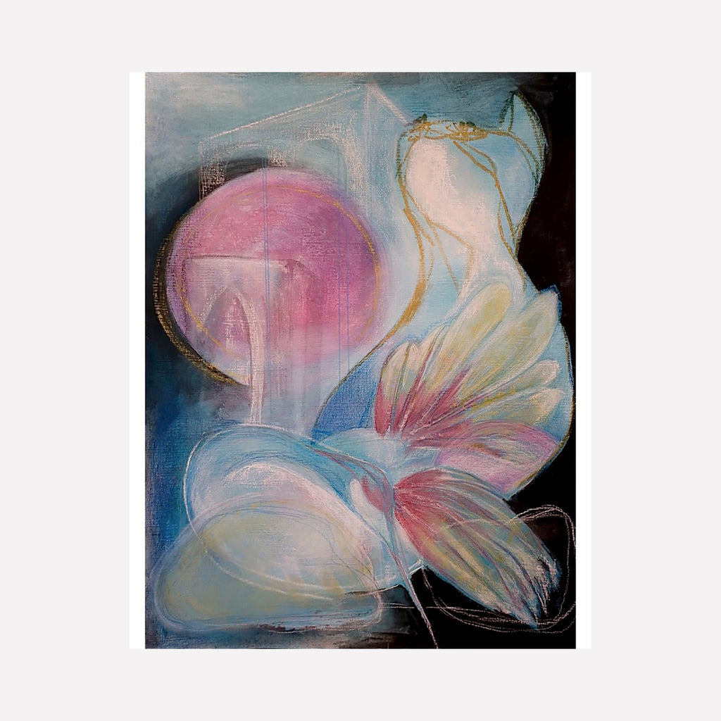 The artwork 'Oh So Quiet' features a dreamy abstract composition with a large pink sphere floating amid ethereal flower-like forms in white and cream. Delicate golden lines accent the flowing shapes against a deep blue-black background, creating a sense of ethereal movement in oil on paper by Jane Lawrence.