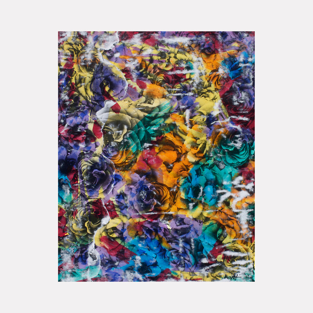 The artwork 'Rainbow Roses' by Aaron Hillebrand features a vibrant abstract composition of swirling roses in kaleidoscopic colors. Turquoise, purple, yellow, and orange blooms blend together in a dreamlike pattern, created through acrylic paint and photo transfer technique on wood panel. The dynamic arrangement creates a psychedelic floral effect.